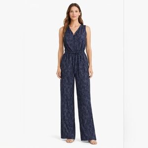 Banana Republic V-Neck Patterned Jumpsuit Dark Blue Size 4P Work Career Office